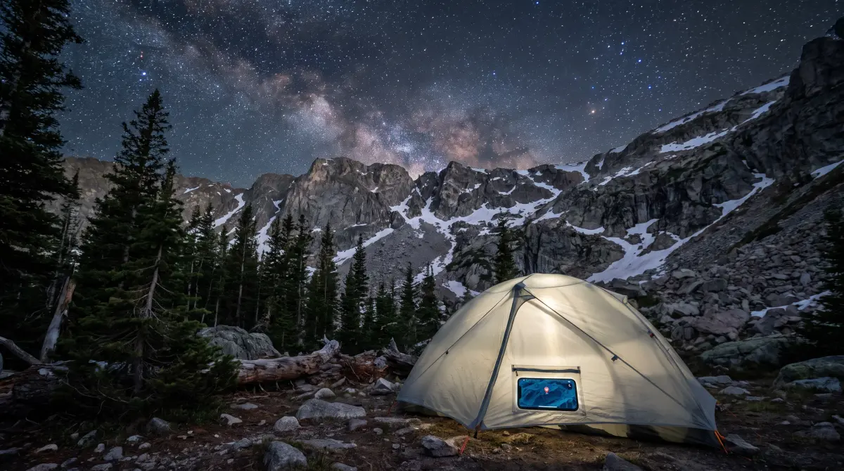 A lit tent at the edge of timber below a broken granite ridge under a starry sky, with a phone showing a map tucked in the clear map pocket on the tent door.
