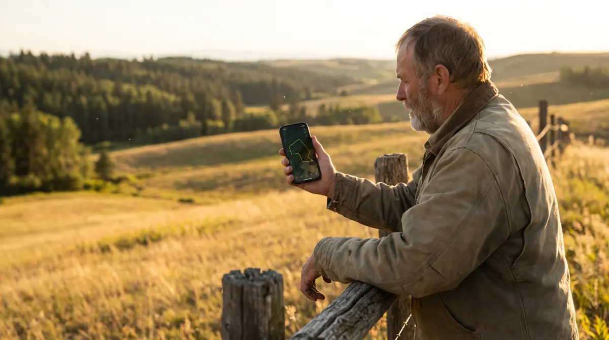 A rancher leans on a fence above rolling private ground at golden hour, holding a phone that shows a map.