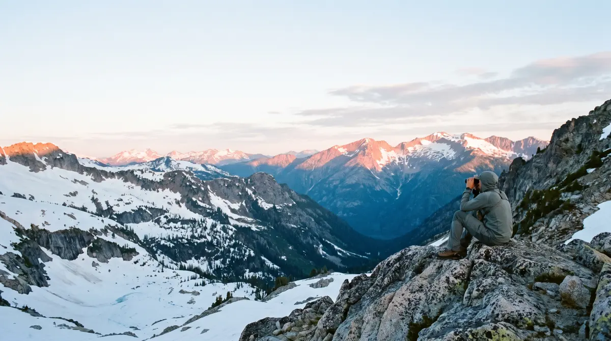 A hunter sits on a granite ridge at first light, glassing a wide alpine basin with snow on the peaks.