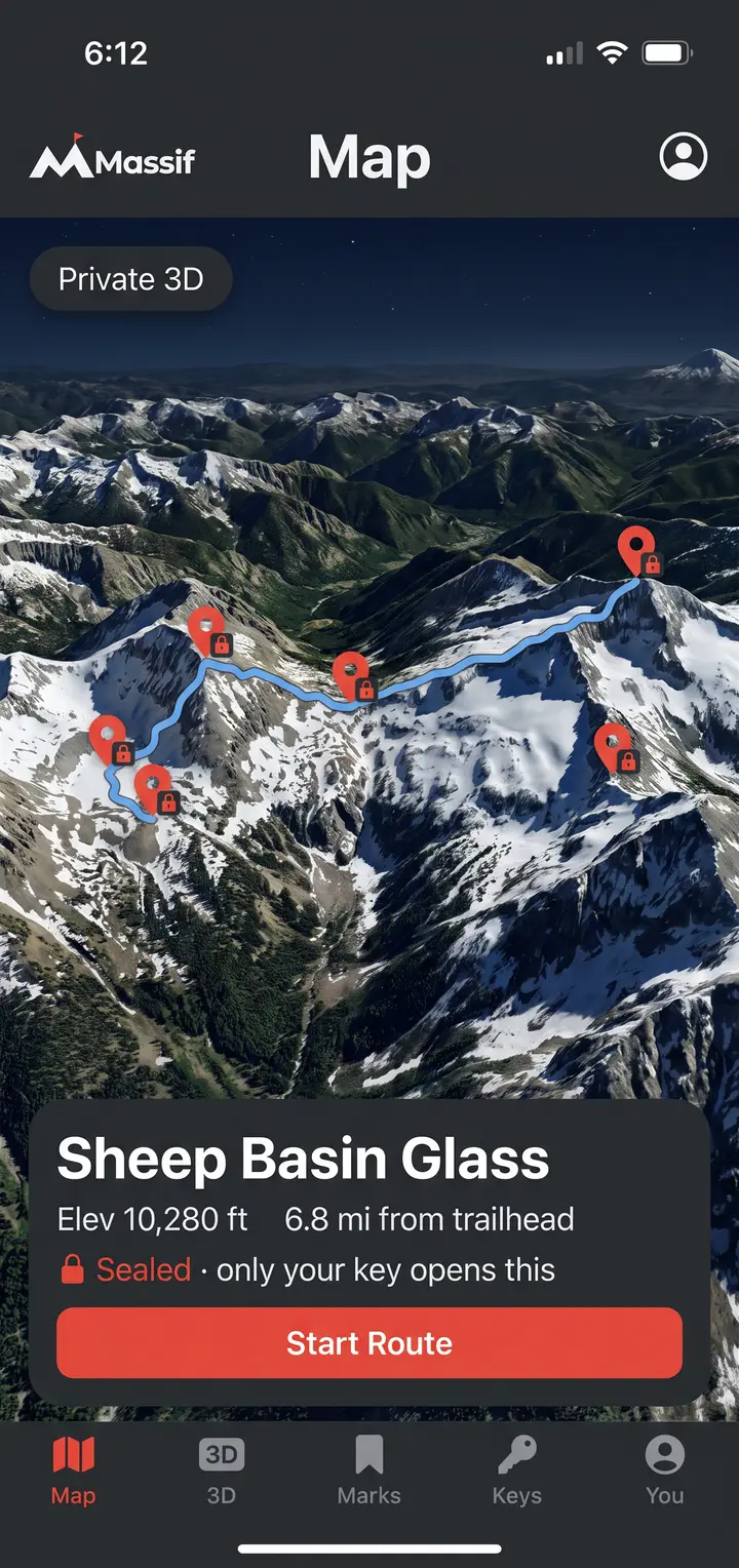 Massif map screen: tilted 3D terrain of an alpine massif with red pins and a blue route over a pass. A card reads Sheep Basin Glass, elevation 10,280 feet, 6.8 miles from trailhead, sealed, only your key opens this.