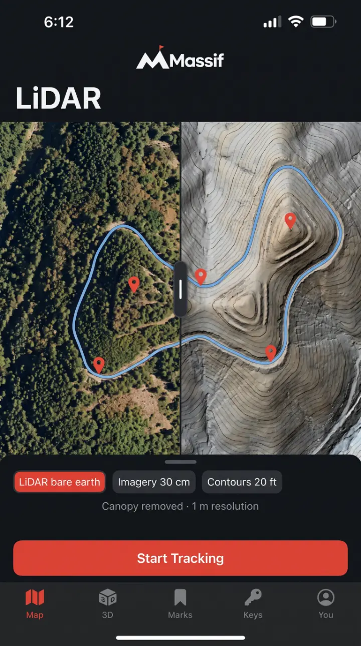 Massif LiDAR screen: the same timbered ridge split between 30 cm imagery on the left and LiDAR bare-earth hillshade on the right, with layer chips for LiDAR bare earth, imagery and contours, captioned canopy removed, 1 m resolution.