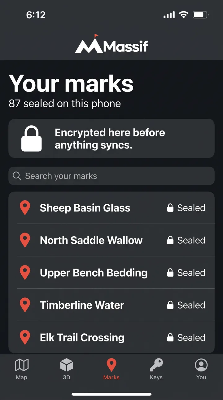Massif marks screen: Your marks, 87 sealed on this phone, listing Sheep Basin Glass, North Saddle Wallow, Upper Bench Bedding, Timberline Water and Elk Trail Crossing, each marked sealed.