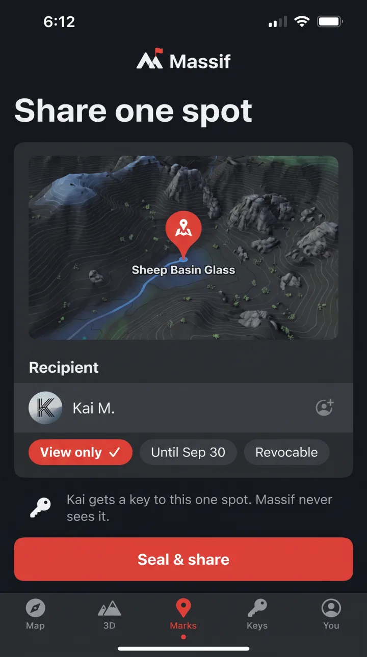 Massif share screen: sharing Sheep Basin Glass with Kai M., view only, until Sep 30, revocable, with the note Kai gets a key to this one spot. Massif never sees it.
